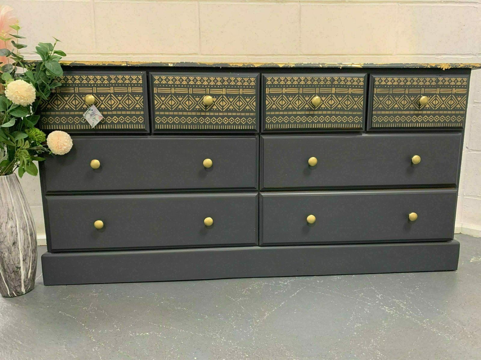 Large Aztec Tribal Chest Of Drawers Painted Bespoke Stencilled Upcycled