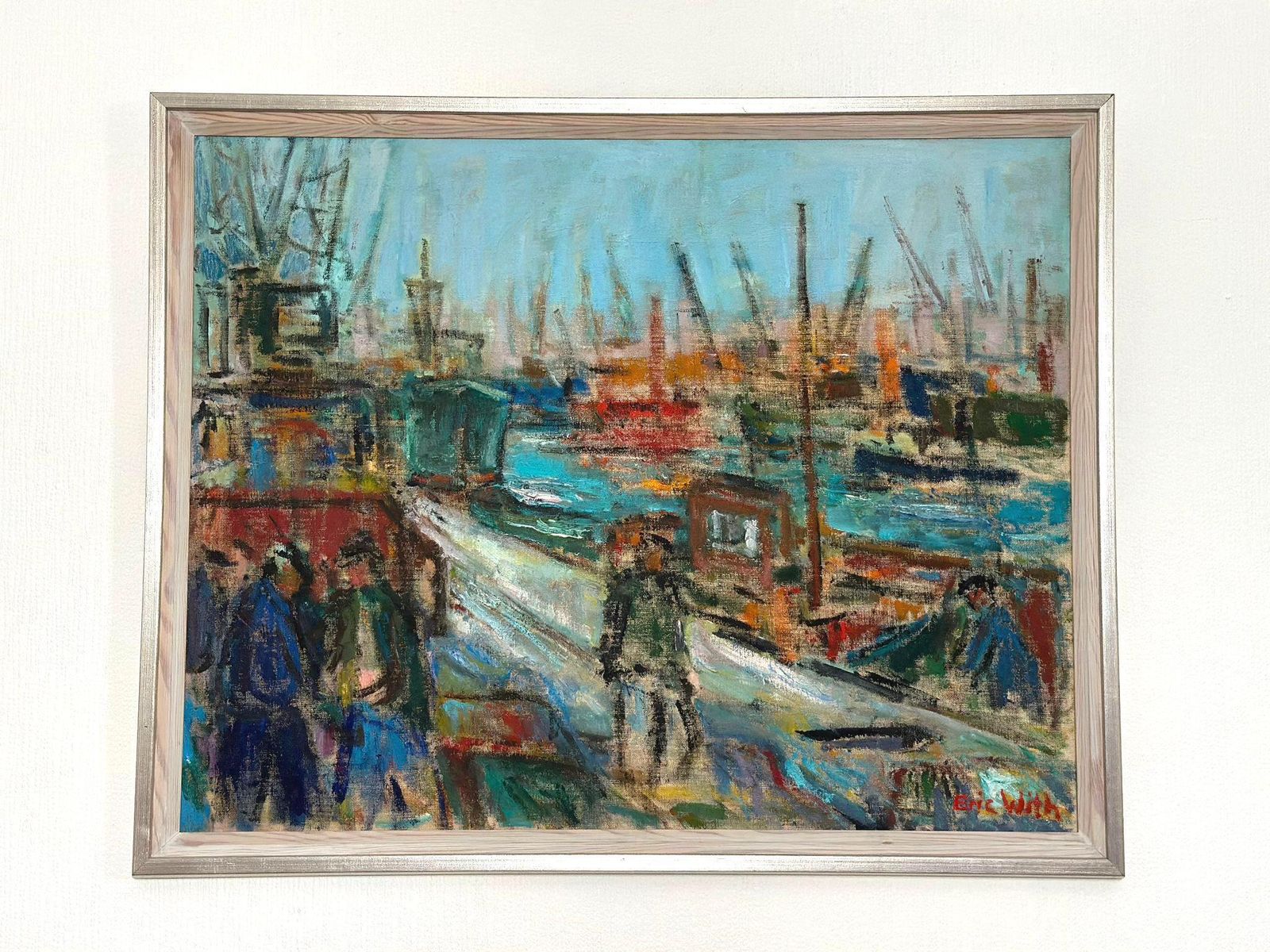Original Mid Century Swedish Oil On Canvas – “Port Of Gothenburg” By Eric With – Vintage & Framed – 74.5 × 92.5 Cm (29.3" × 36.4")