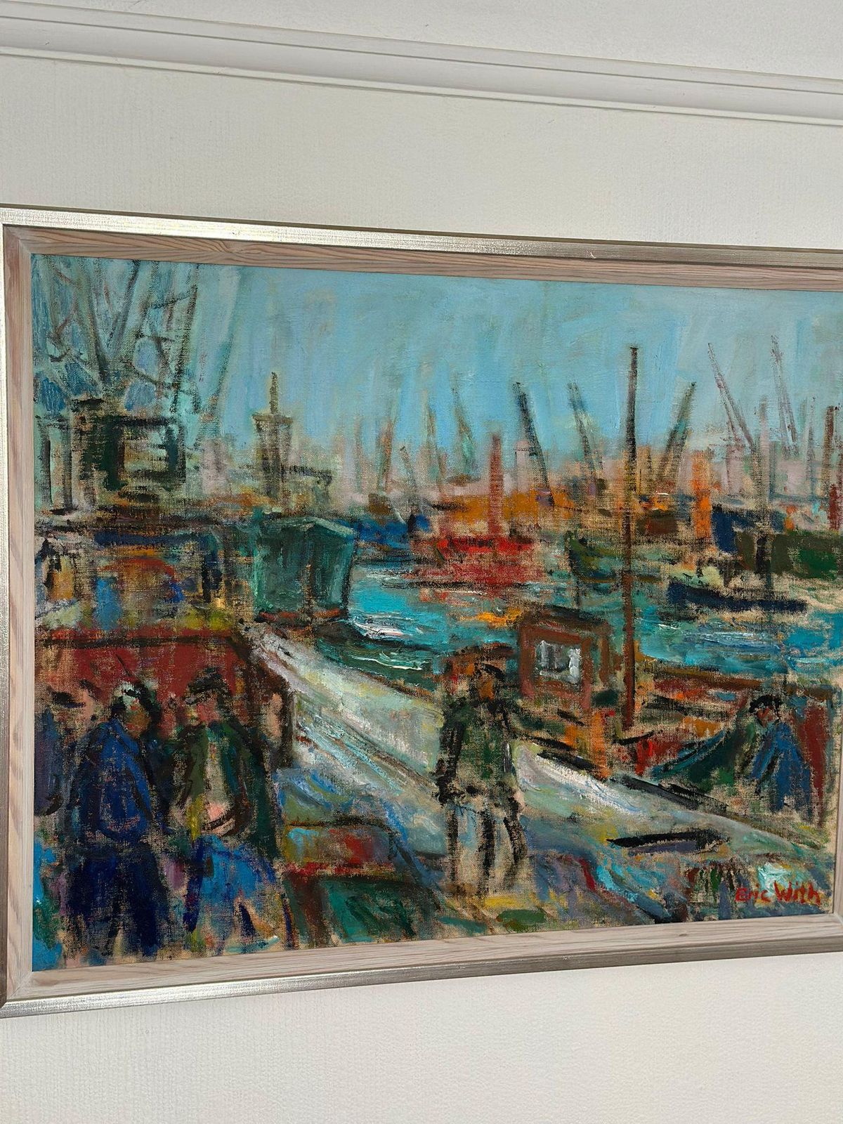 875.0 Original Mid Century Swedish Oil On Canvas – “Port Of Gothenburg” By Eric With – Vintage & Framed – 74.5 × 92.5 Cm (29.3" × 36.4") photo