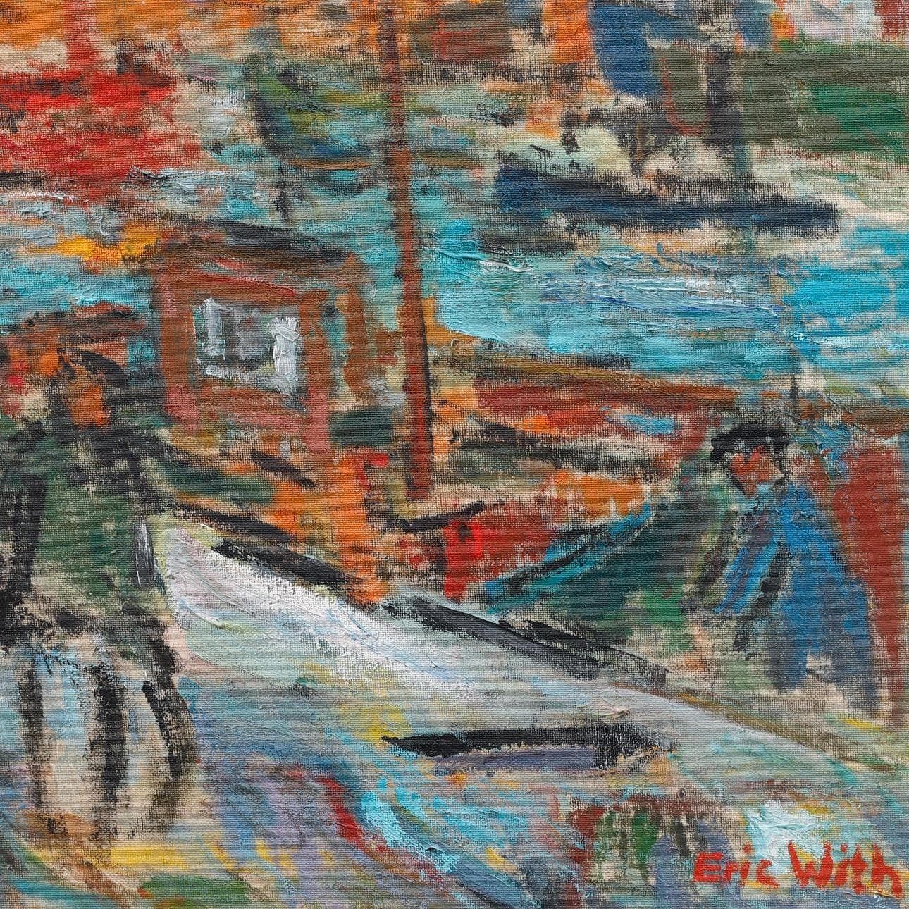 photo buy Original Mid Century Swedish Oil On Canvas – “Port Of Gothenburg” By Eric With – Vintage & Framed – 74.5 × 92.5 Cm (29.3" × 36.4")