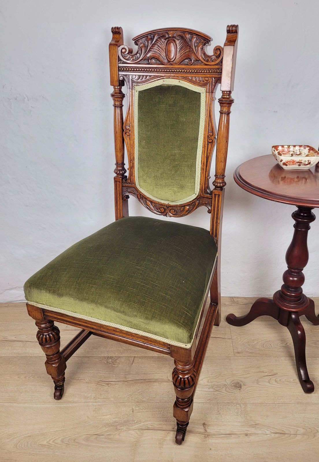 Victorian Hall Chair Oak Upholstered Foliate Carvings Castors photo furniture