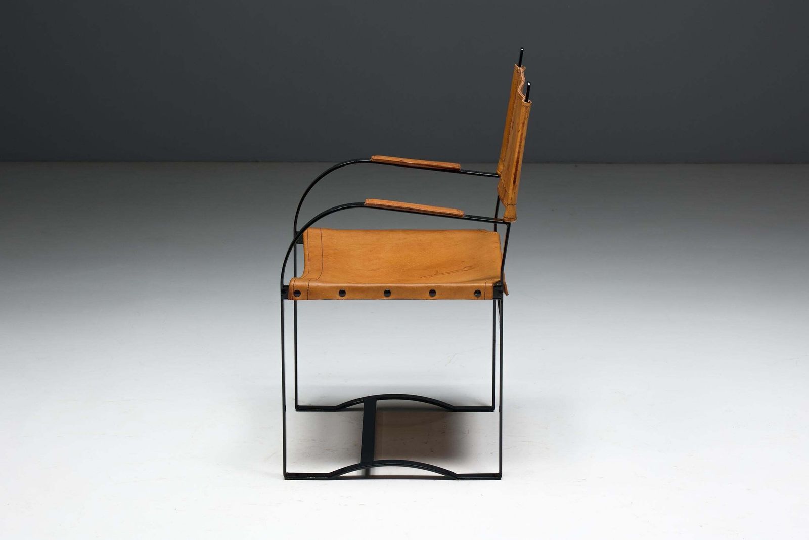 1249.0 Cognac Leather Armchair, Black Lacquer Steel Frame, Belgium, 1960s photo