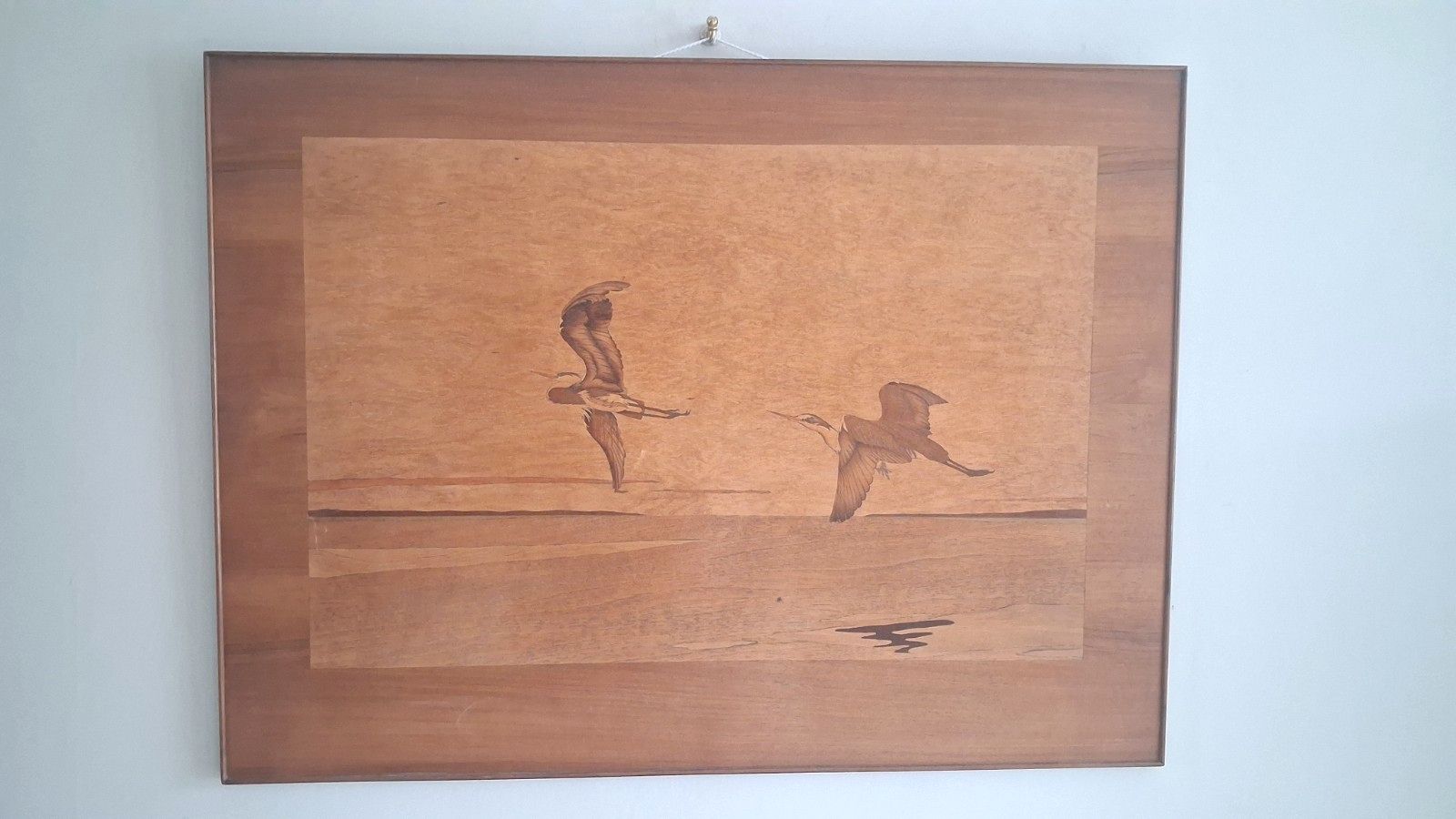 Superb 1960's Mid Century Marquetry "Herons In Flight "  Wall Hanging , Artwork photo for sale