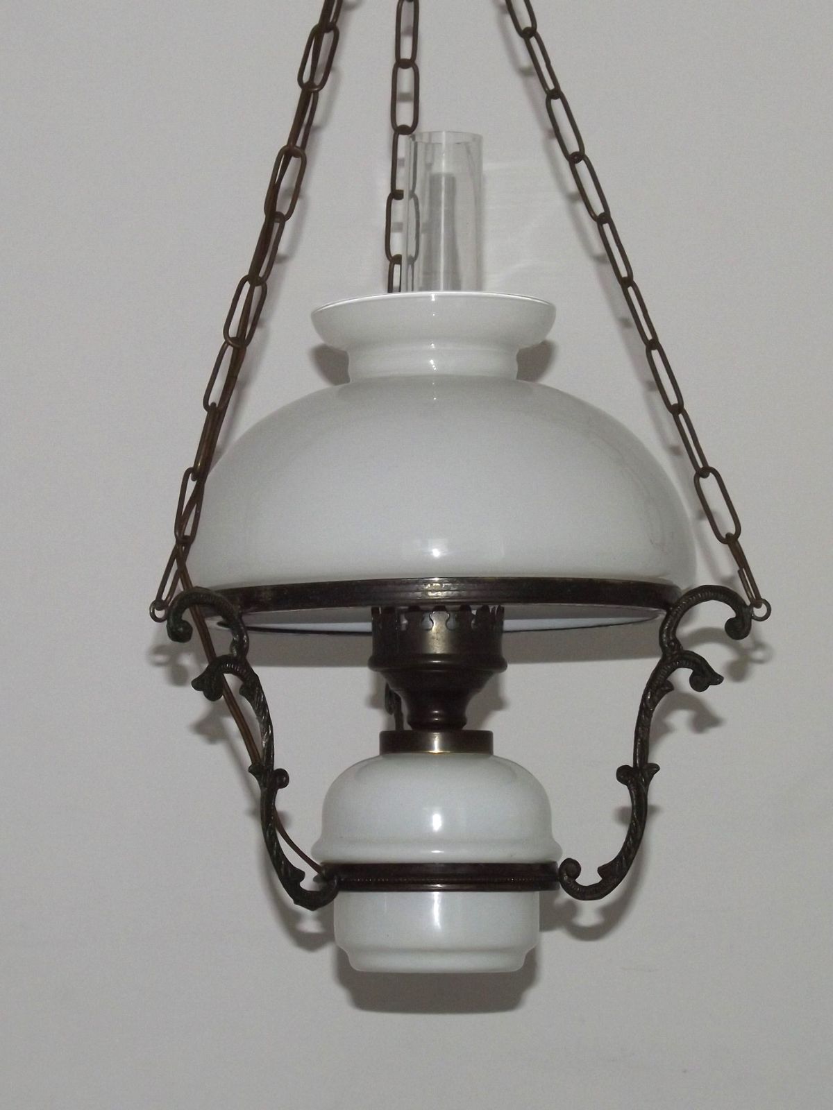 French Vintage Bronze Effect Metal And Glass Hanging Lantern Ceiling Light With White Shade And Glass Funnel photo for sale