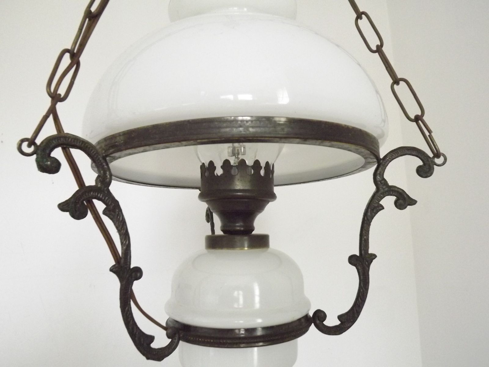 French Vintage Bronze Effect Metal And Glass Hanging Lantern Ceiling Light With White Shade And Glass Funnel photo vintage