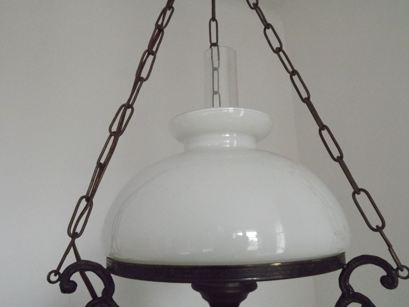 Lighting French Vintage Bronze Effect Metal And Glass Hanging Lantern Ceiling Light With White Shade And Glass Funnel photo