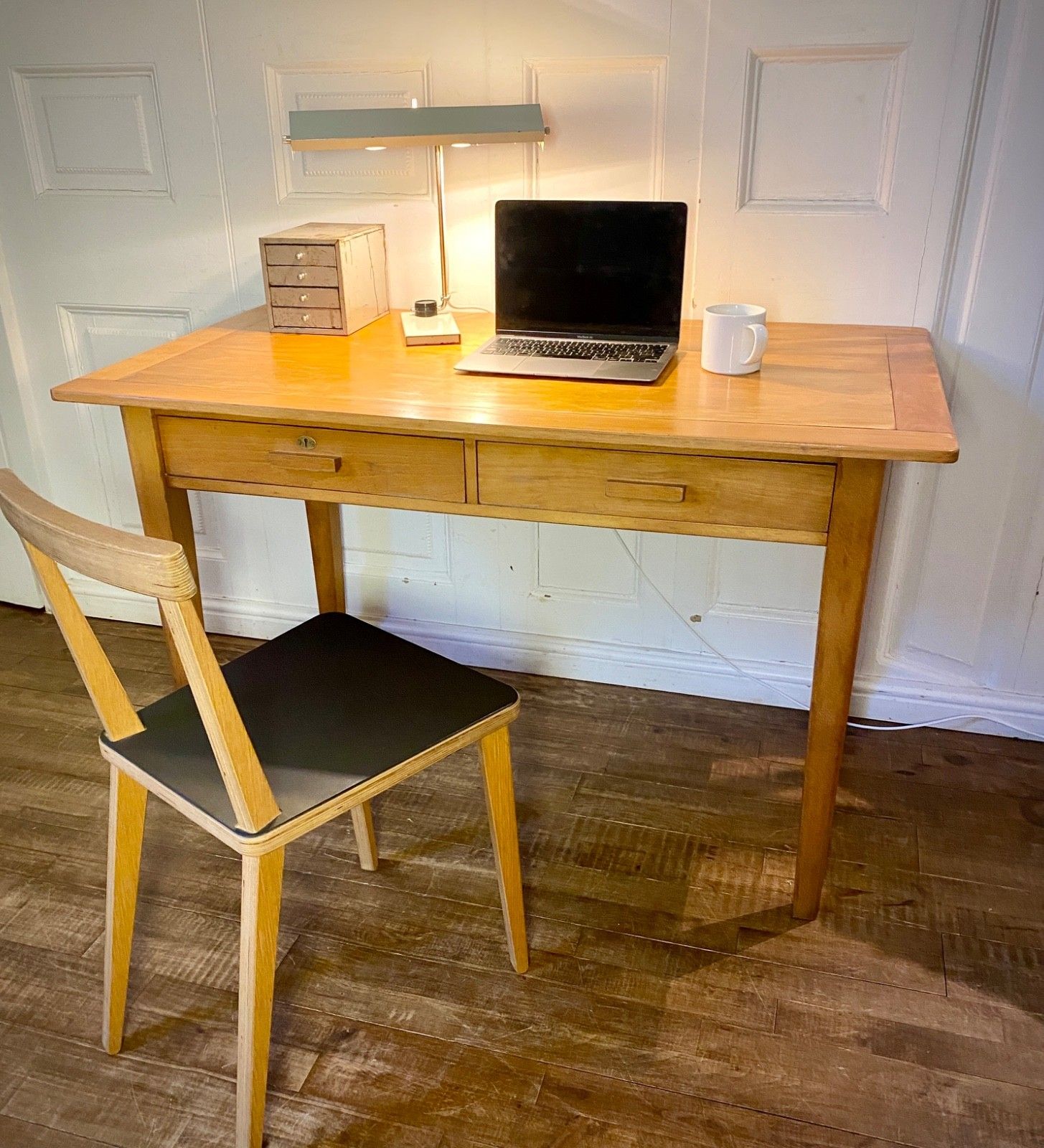 Vintage Mid Century Beech School Teachers, Home Office Desk, Kitchen Table. photo for sale