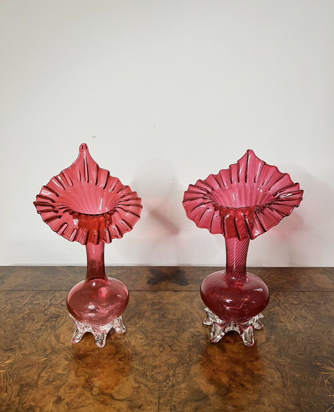 Quality Pair Of Antique Cranberry Glass Jack In The Pulpit Vases photo furniture