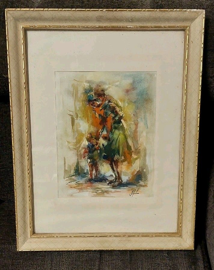 Detail Watercolor On Paper 1950s Signed Wooden Frame photo vintage