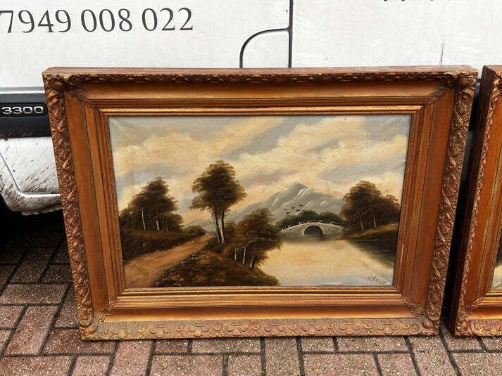 Pair Of Large Gilt Framed Signed Oil Paintings. photo for sale