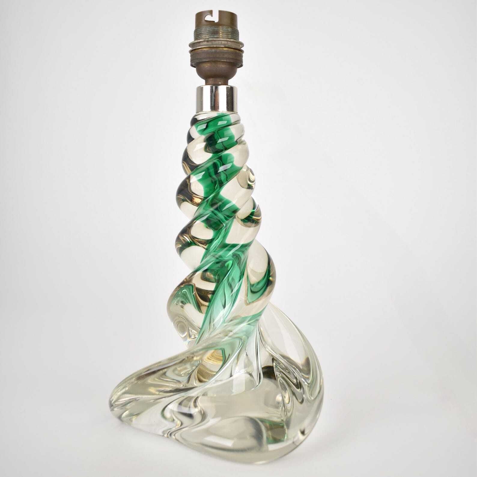 Vintage French Crystal Table Light | Mid Century Emerald Green Accent Light Bedside | Lead Twisted Glass | Val St Lambert Seguso Murano 1950 photo furniture
