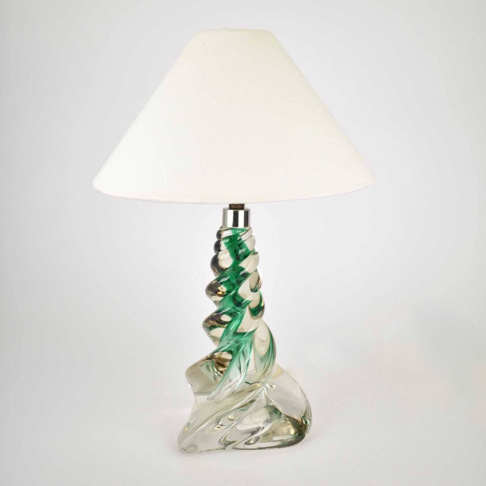 Vintage French Crystal Table Light | Mid Century Emerald Green Accent Light Bedside | Lead Twisted Glass | Val St Lambert Seguso Murano 1950 photo vinterior