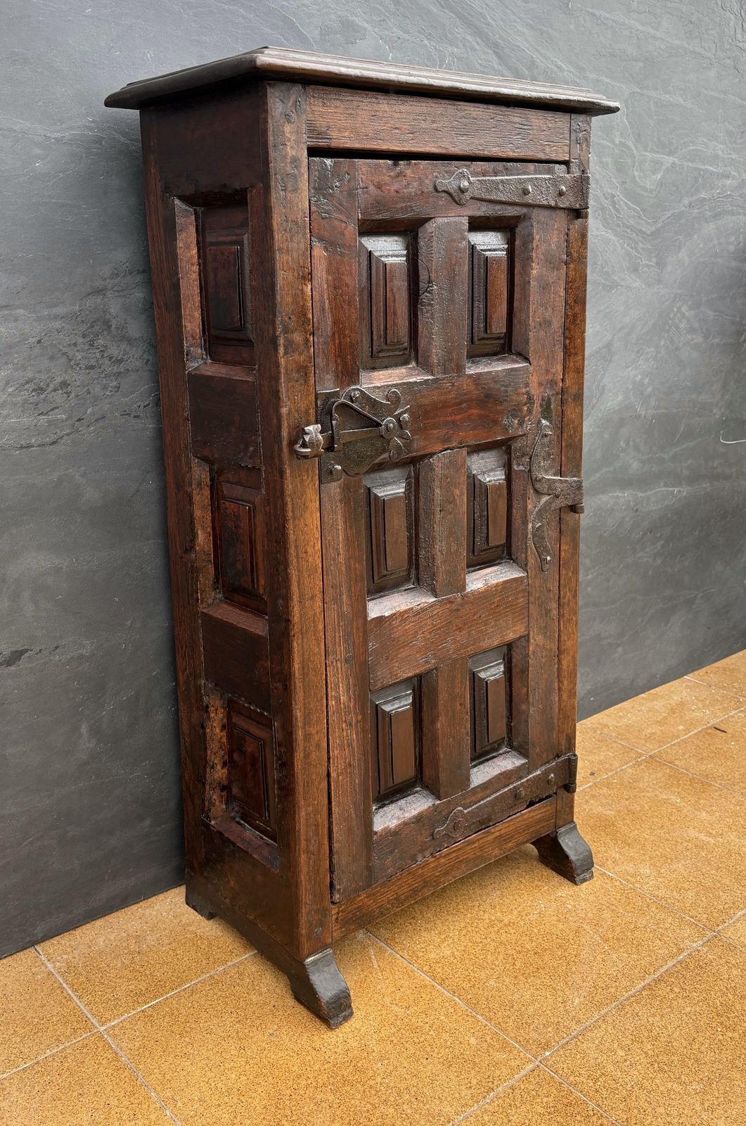 Spanish Rustic Solid Oak Cabinet With Paneled Door And Iron Hardware, 1880s photo buy