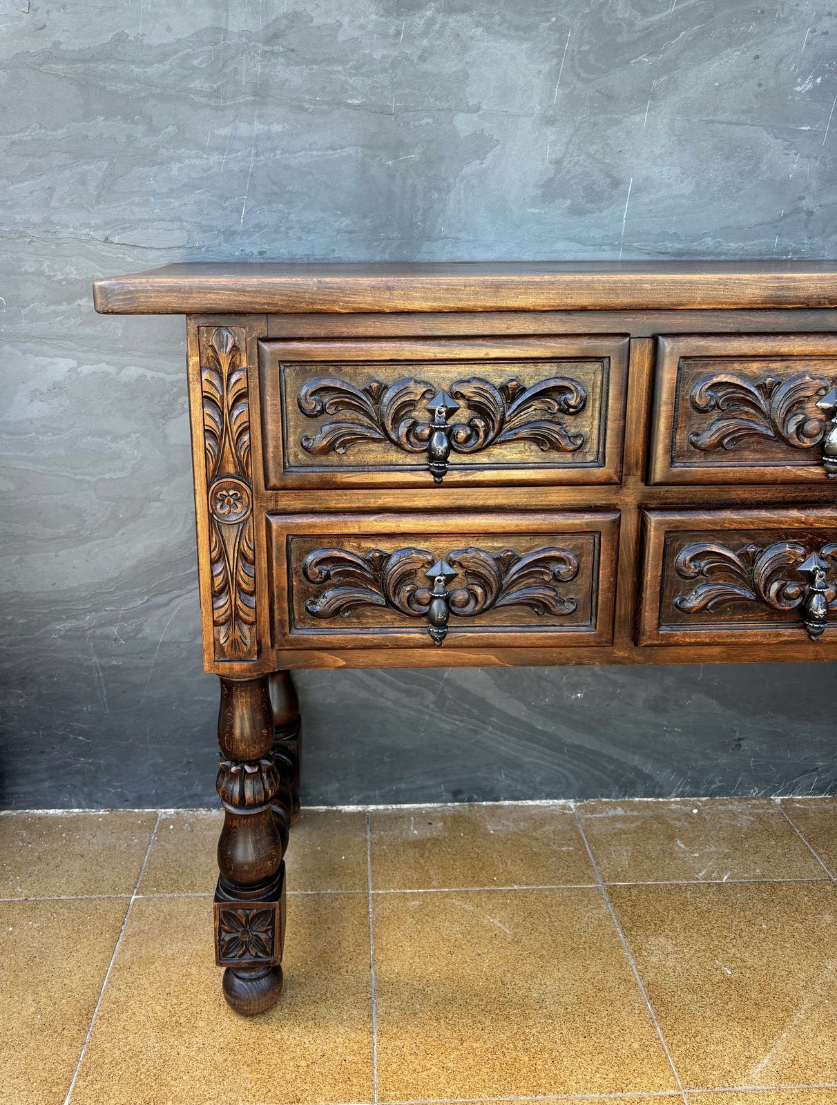 Spanish Renaissance Revival Oak Six Drawer Console With Carved Panels, 1930s photo Furniture