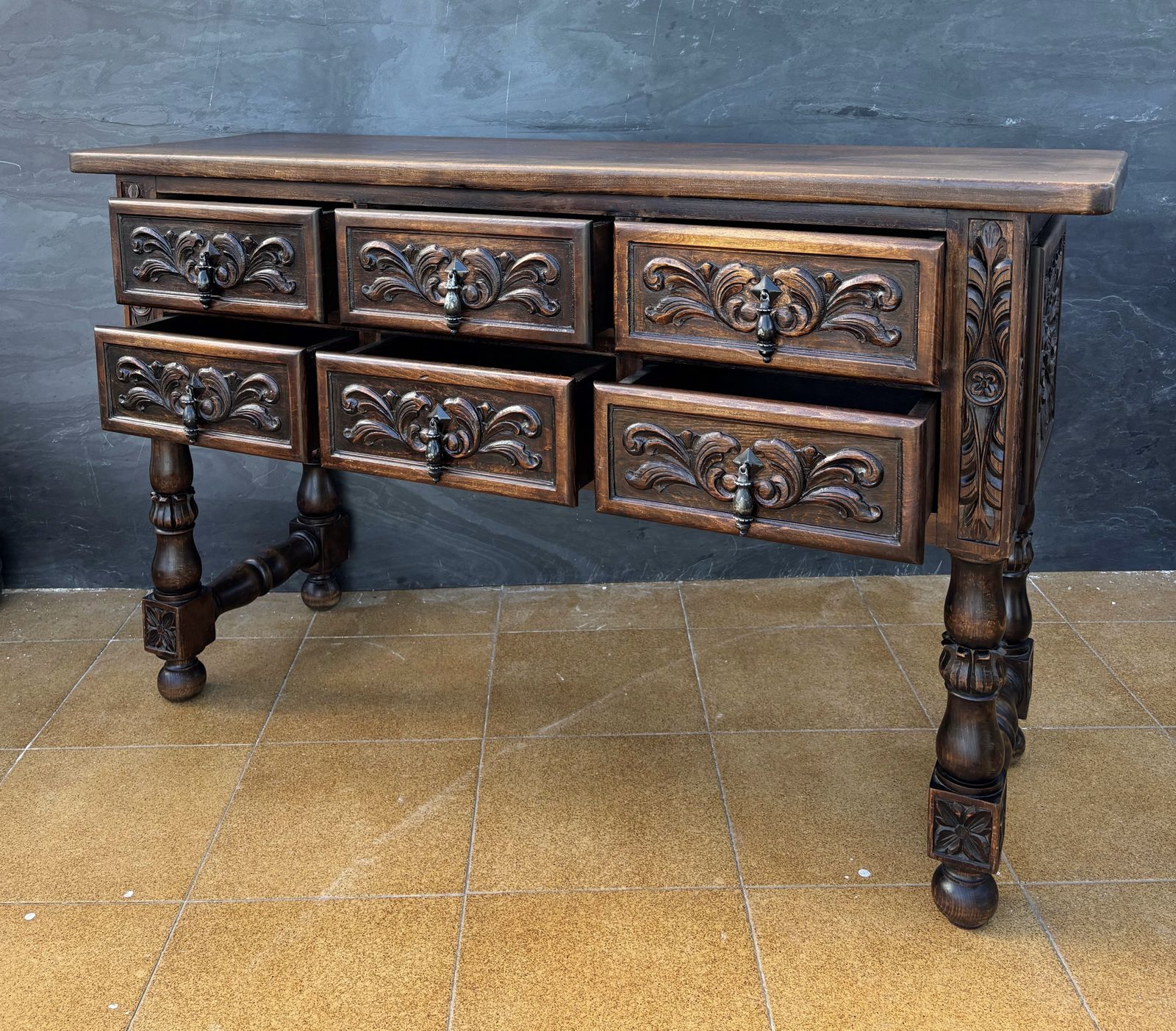 Spanish Renaissance Revival Oak Six Drawer Console With Carved Panels, 1930s photo buy