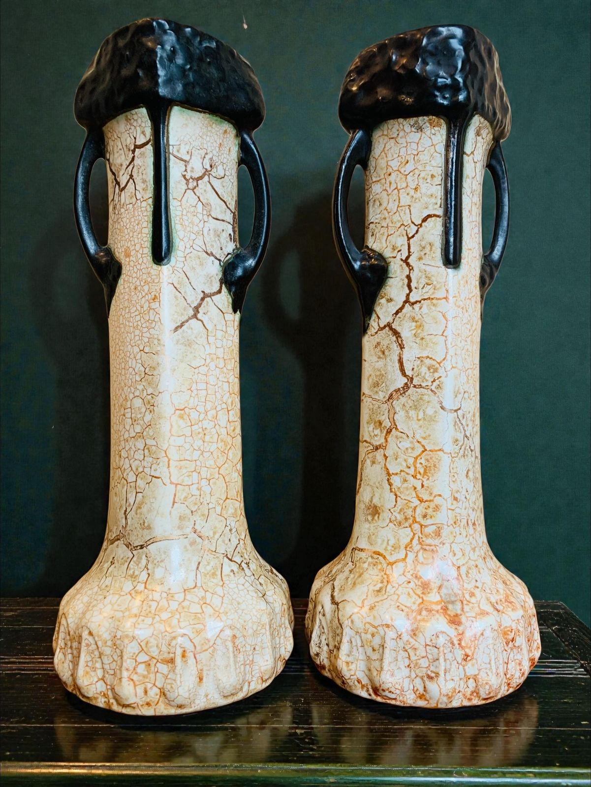 Unusual Pair Of Antique Art Deco, Ditmar Urbach 'Alienware' Double Handled Vases photo for sale