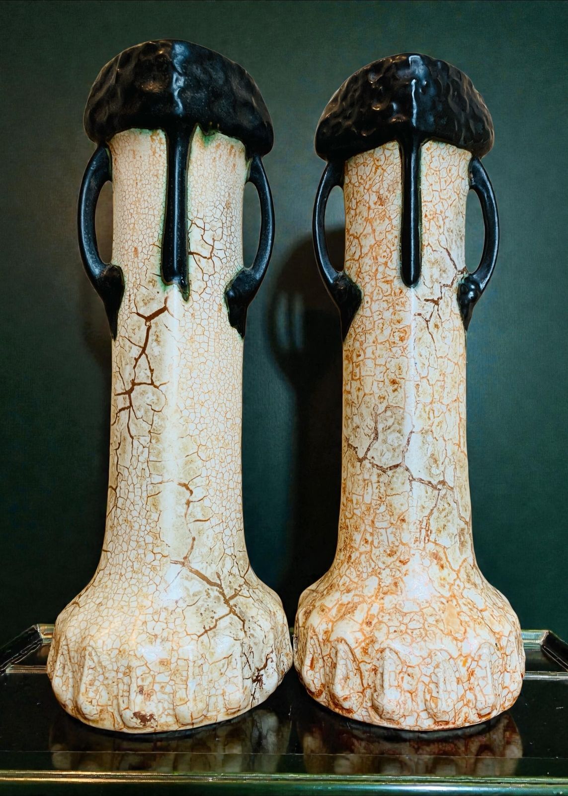 photo furniture Unusual Pair Of Antique Art Deco, Ditmar Urbach 'Alienware' Double Handled Vases