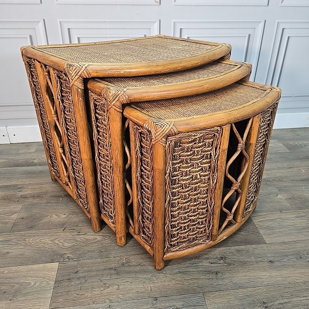 Vintage Nest Of Tables Retro Rattan Boho Mid Century Style Cane Side Nested