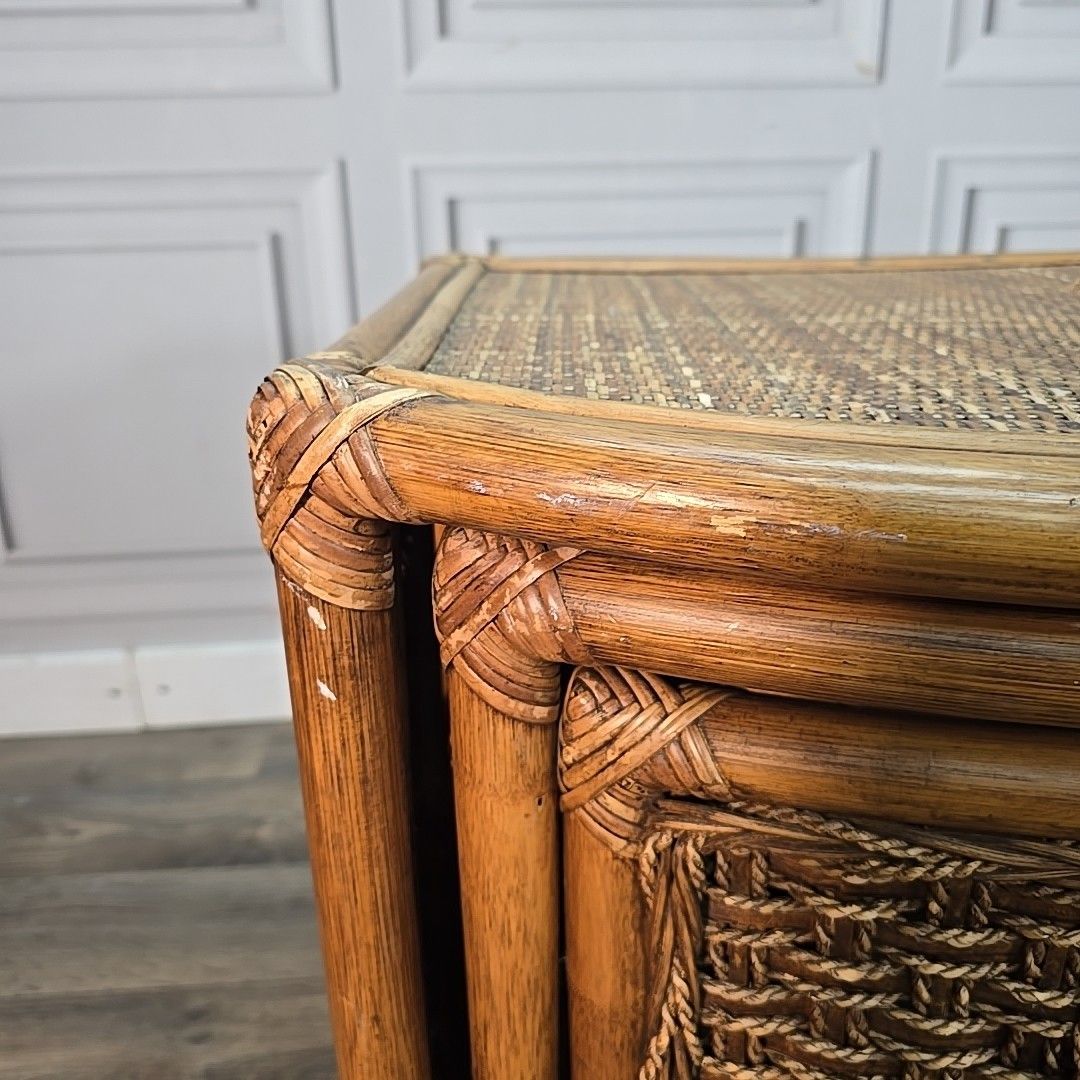 Vintage Nest Of Tables Retro Rattan Boho Mid Century Style Cane Side Nested photo buy