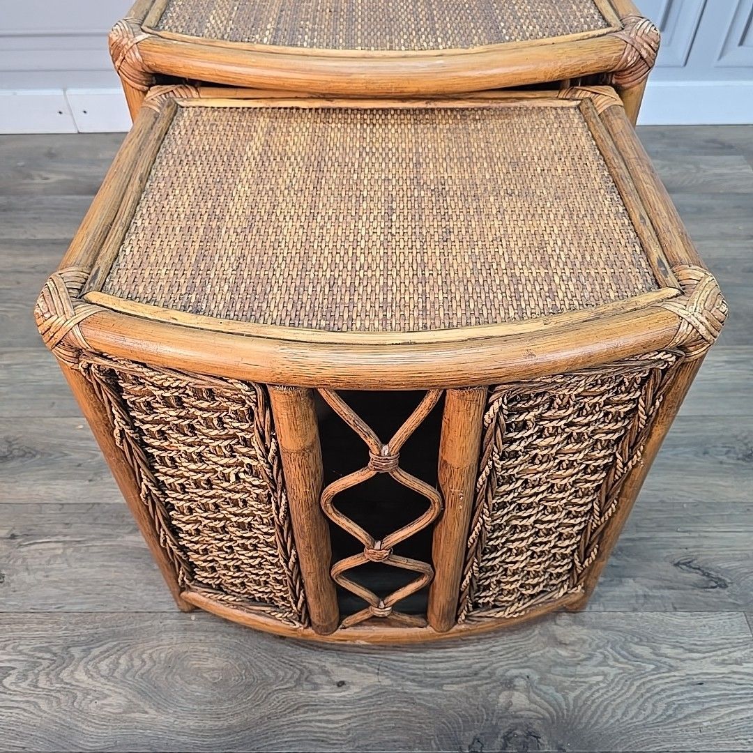 230.0 Vintage Nest Of Tables Retro Rattan Boho Mid Century Style Cane Side Nested photo