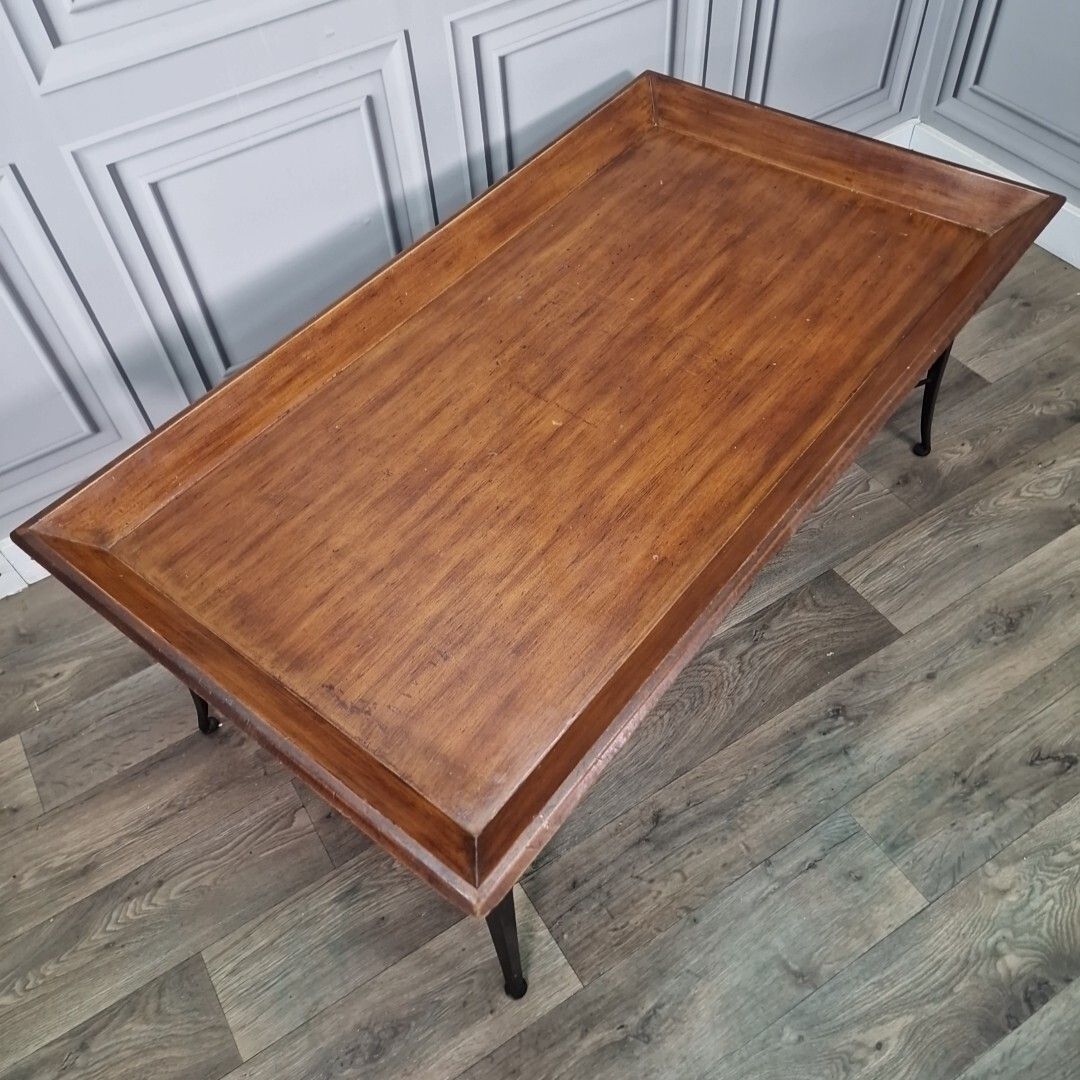 Danish Inspired Coffee Table Mid Century Modern Wood Metal Lipped Side Retro photo for sale