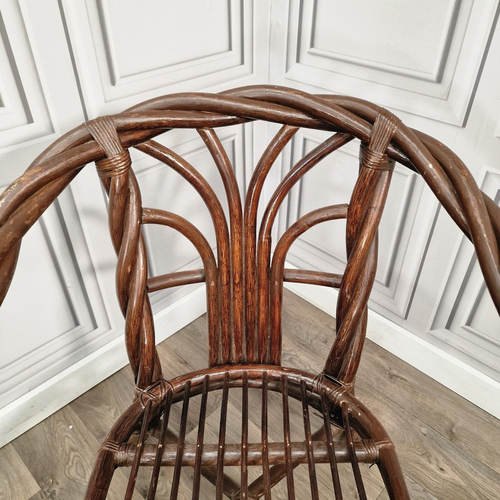photo vinterior Retro Pair Arm Chairs X2 Twisted Bamboo Wicker Cane Tub Seats Boho Tiki Twist
