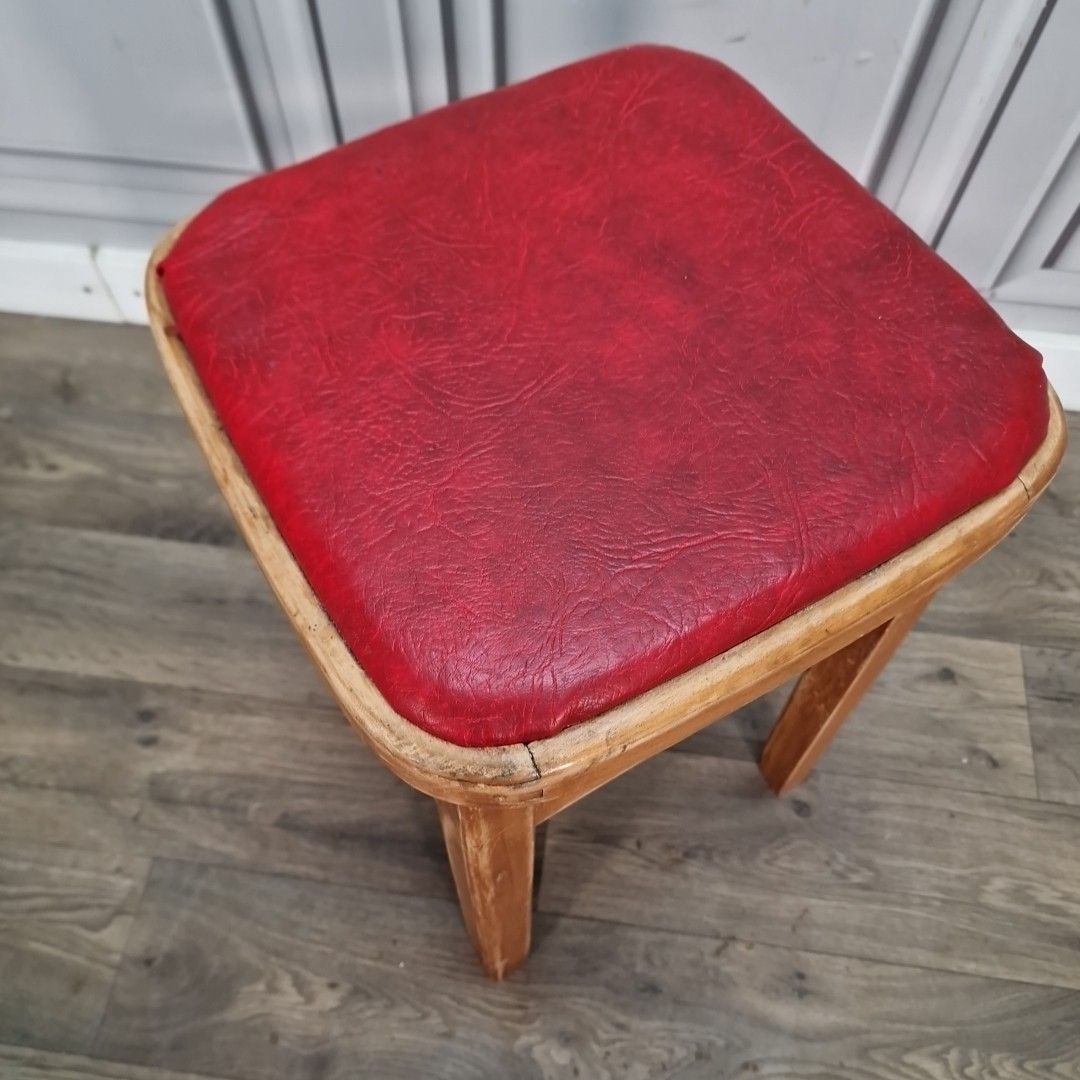 Vintage Wooden Kitchen Stool – Red Vinyl Seat – Mid Century Utility Café Style photo for sale