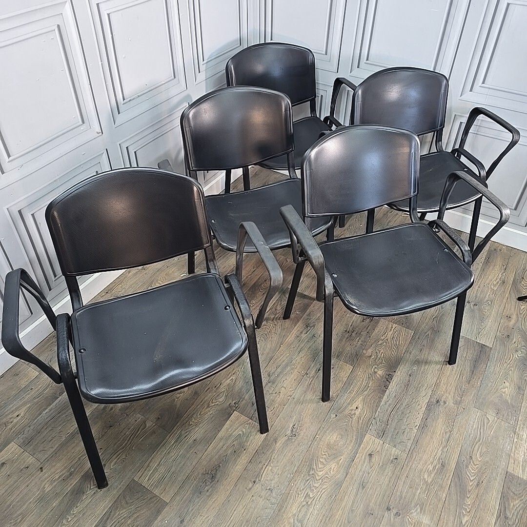 5 Stacking Office Chairs Black Conference With Arms Guest Visitor Waiting Room photo buy