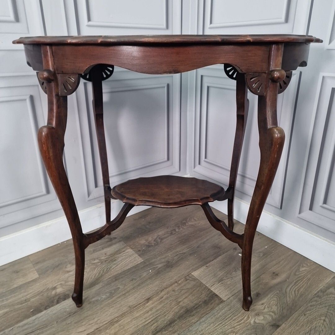 photo furniture Antique Edwardian End Table Wooden Window Side Scalloped Top 2 Tier Mahogany