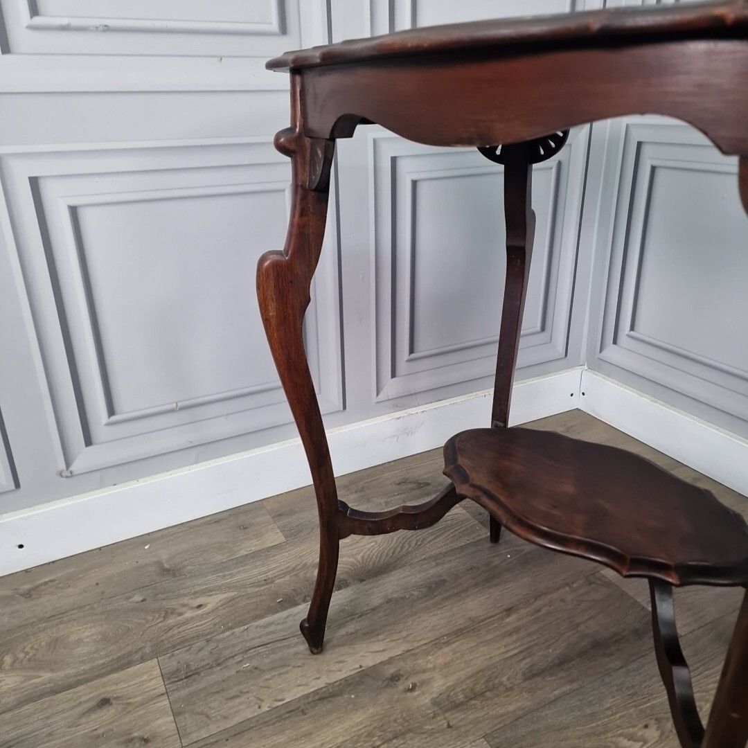 170.0 Antique Edwardian End Table Wooden Window Side Scalloped Top 2 Tier Mahogany photo