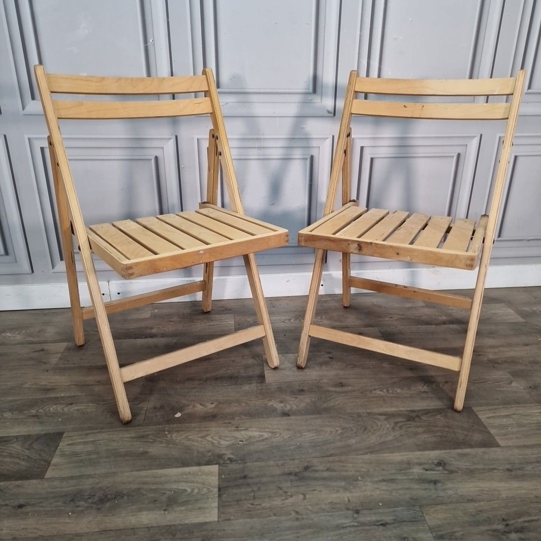 Vintage Pair Folding Chairs Wooden Director Deck Habitat / Aldo Jacober Style