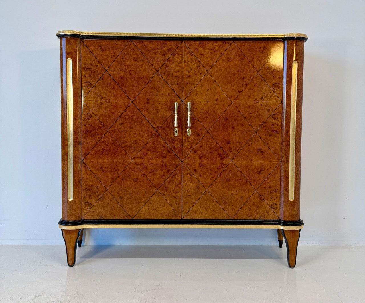 1940s Italian Art Deco Cabinet In Maple Burl With Black Lacquer Details photo for sale