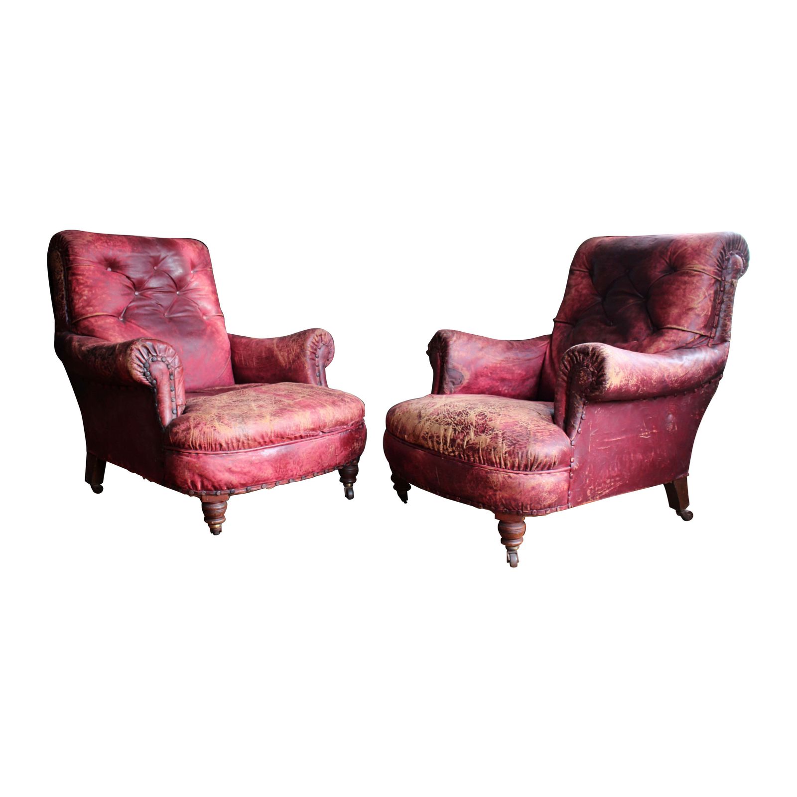 Pair Of Late 19th Century Maroon Red Leather Armchairs English Country House