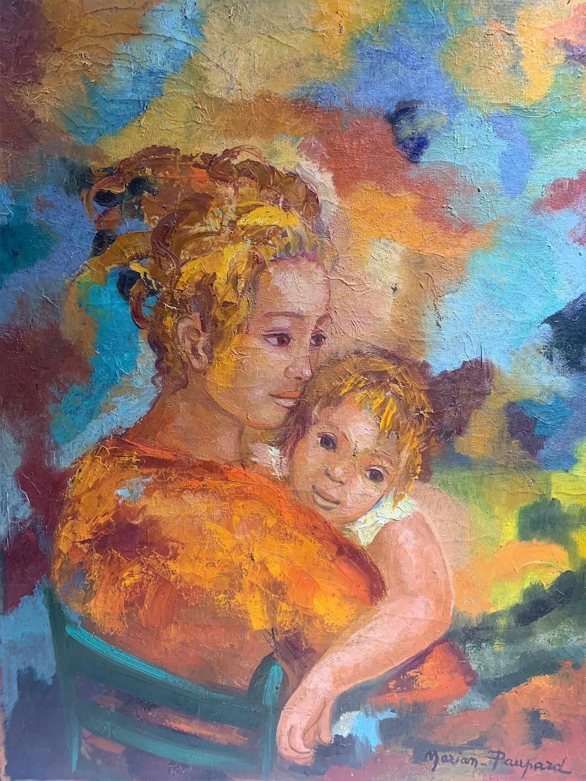 Mid Century Modern Mother And Child Oil Painting By Andrée Marian Paupard Signed photo buy