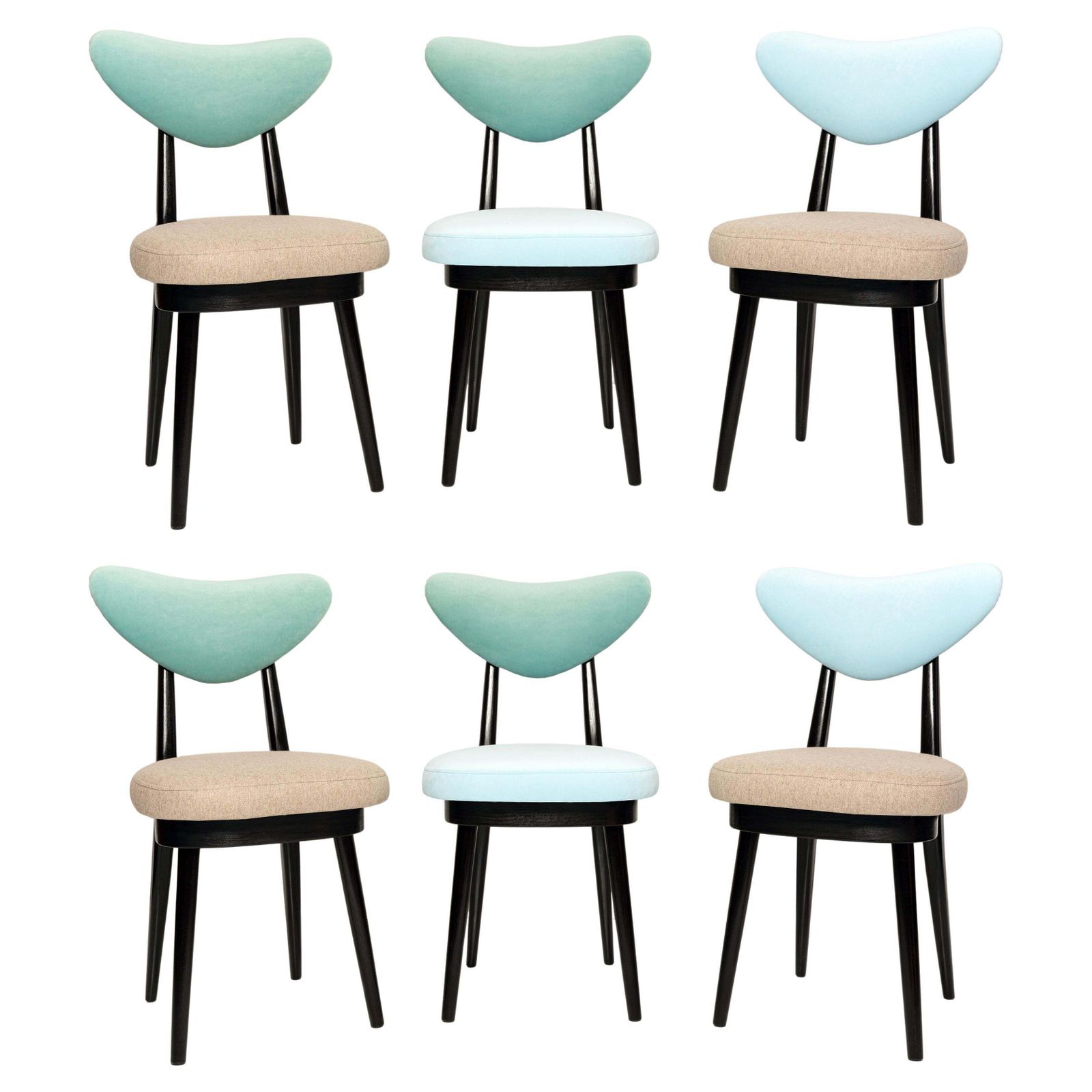 Set Of Six Mid Century Beige Green Blue Mixed Wool Heart Chairs, Europe, 1960s