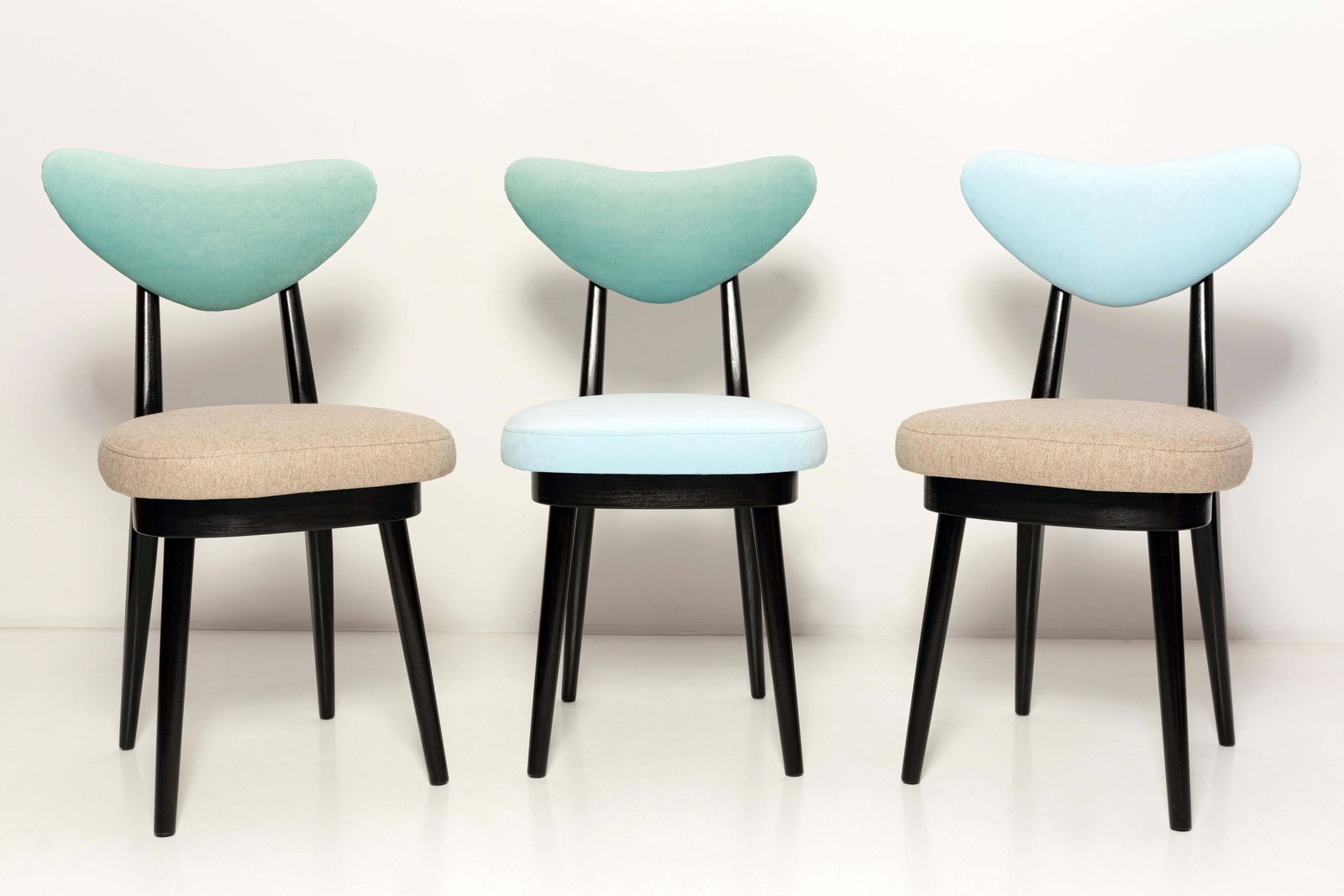 photo for sale Set Of Eight Mid Century Green And Blue Mixed Velvet Heart Chairs, Europe, 1960s