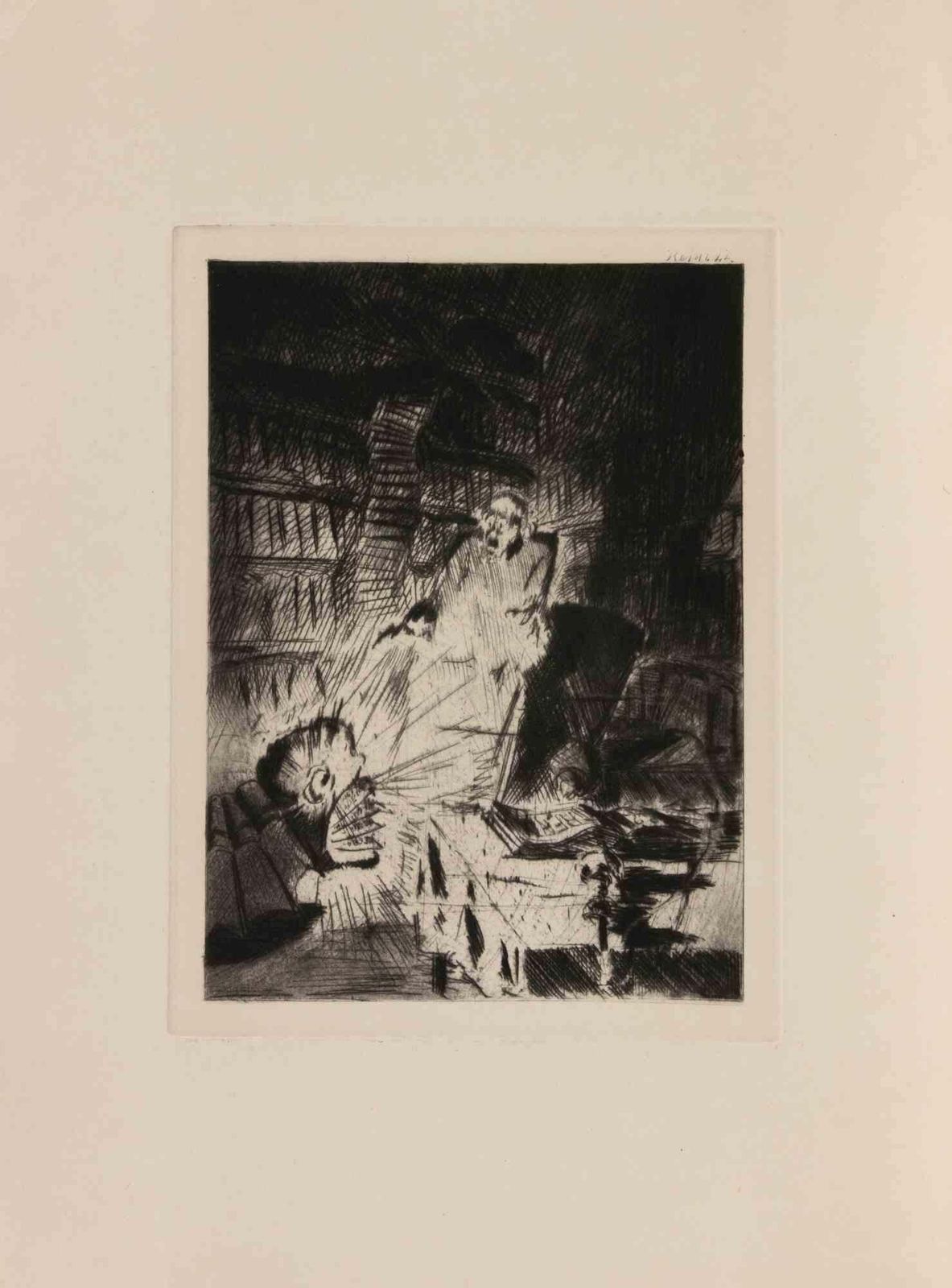 Walter Richard Rehndramatic Interior Scene   Etching By W.R. Rehn   Early 20th Centuryearly 20th Century