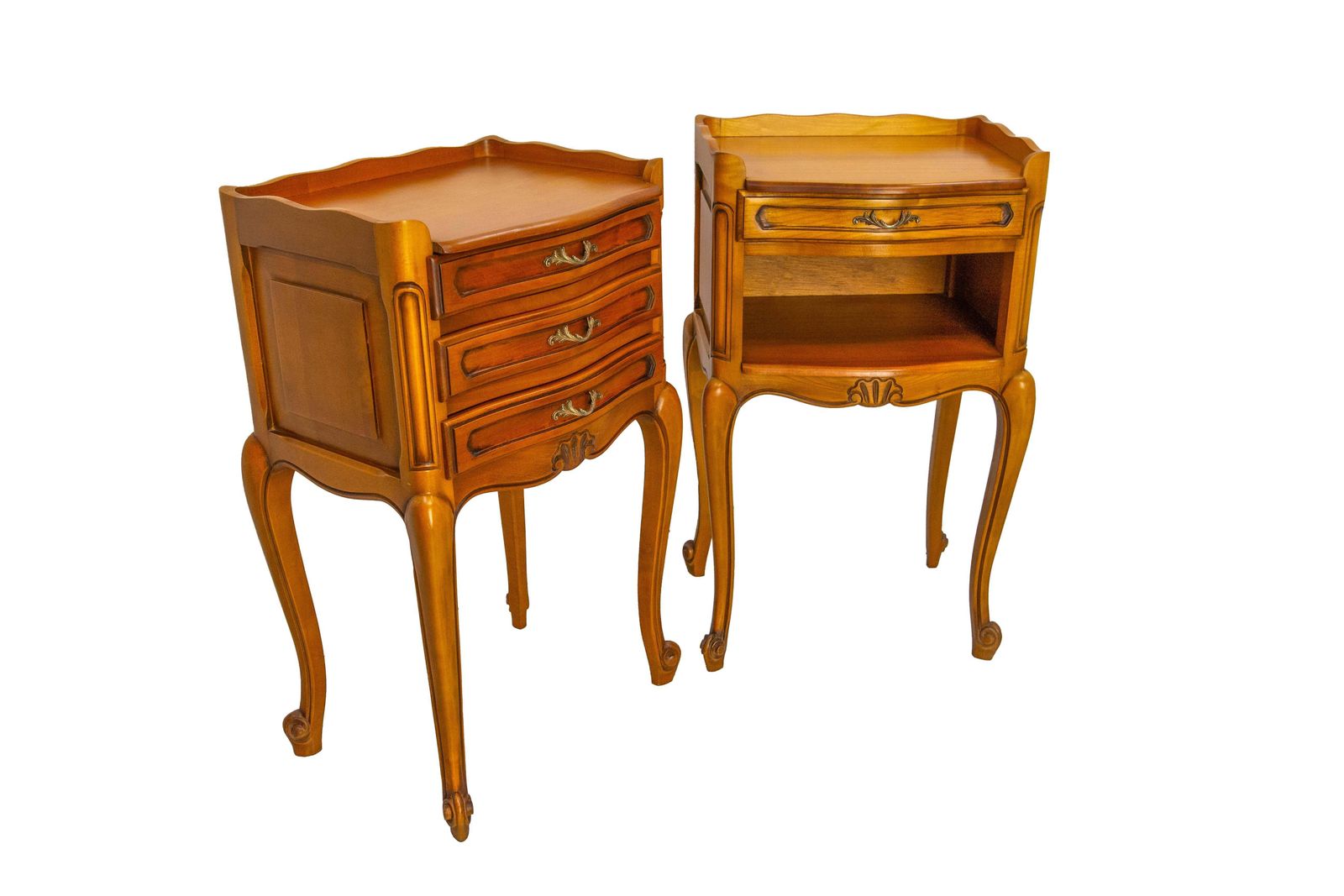 French Pair Nightstands Louis XV Style Side Cabinets Bedside Cherry Wood C 1970 photo Furniture