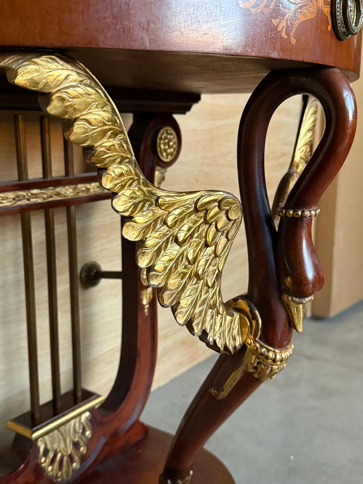 photo furniture 20th Century Pair Of Demilune Swan Nightstands With Marquetry Top And Crest