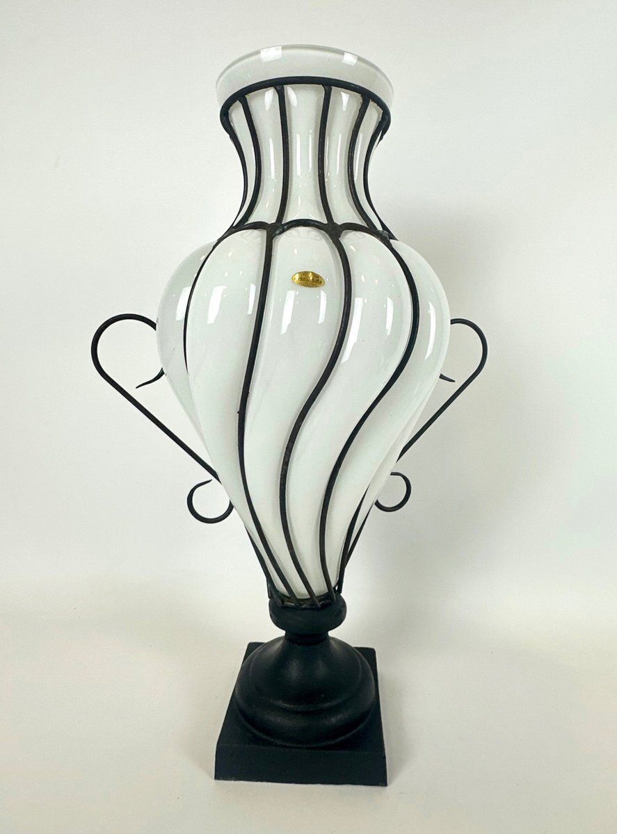 Large Caged Blown Glass Amphora Footed Vase By Leśna Huta, Poland, 1980s photo 695.0