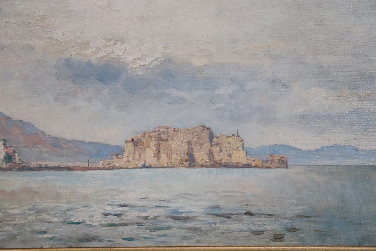 View Of The Gulf Of Naples, Oil Painting On Board, Early 20th Century, Framed photo for sale