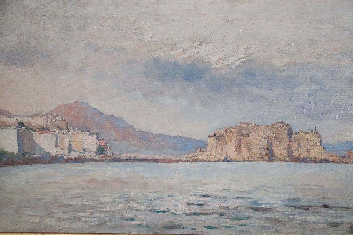 View Of The Gulf Of Naples, Oil Painting On Board, Early 20th Century, Framed photo vintage
