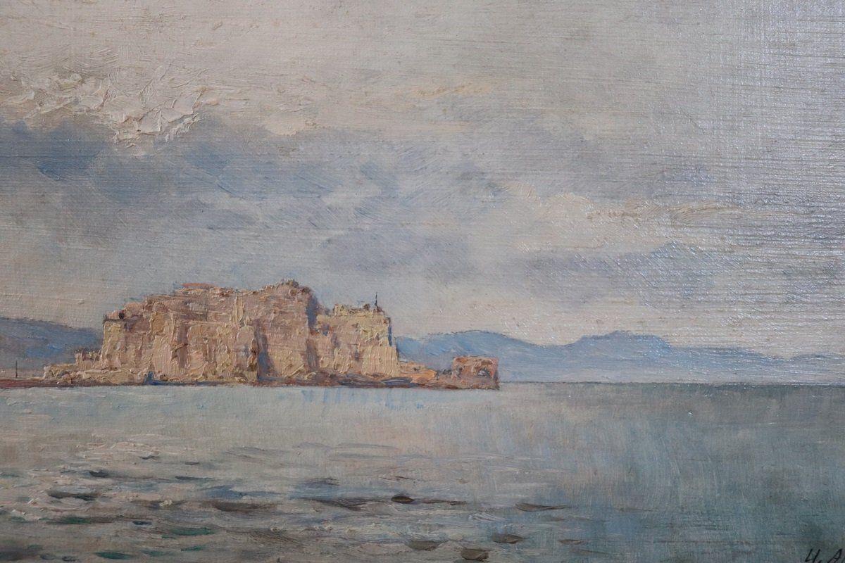 photo furniture View Of The Gulf Of Naples, Oil Painting On Board, Early 20th Century, Framed