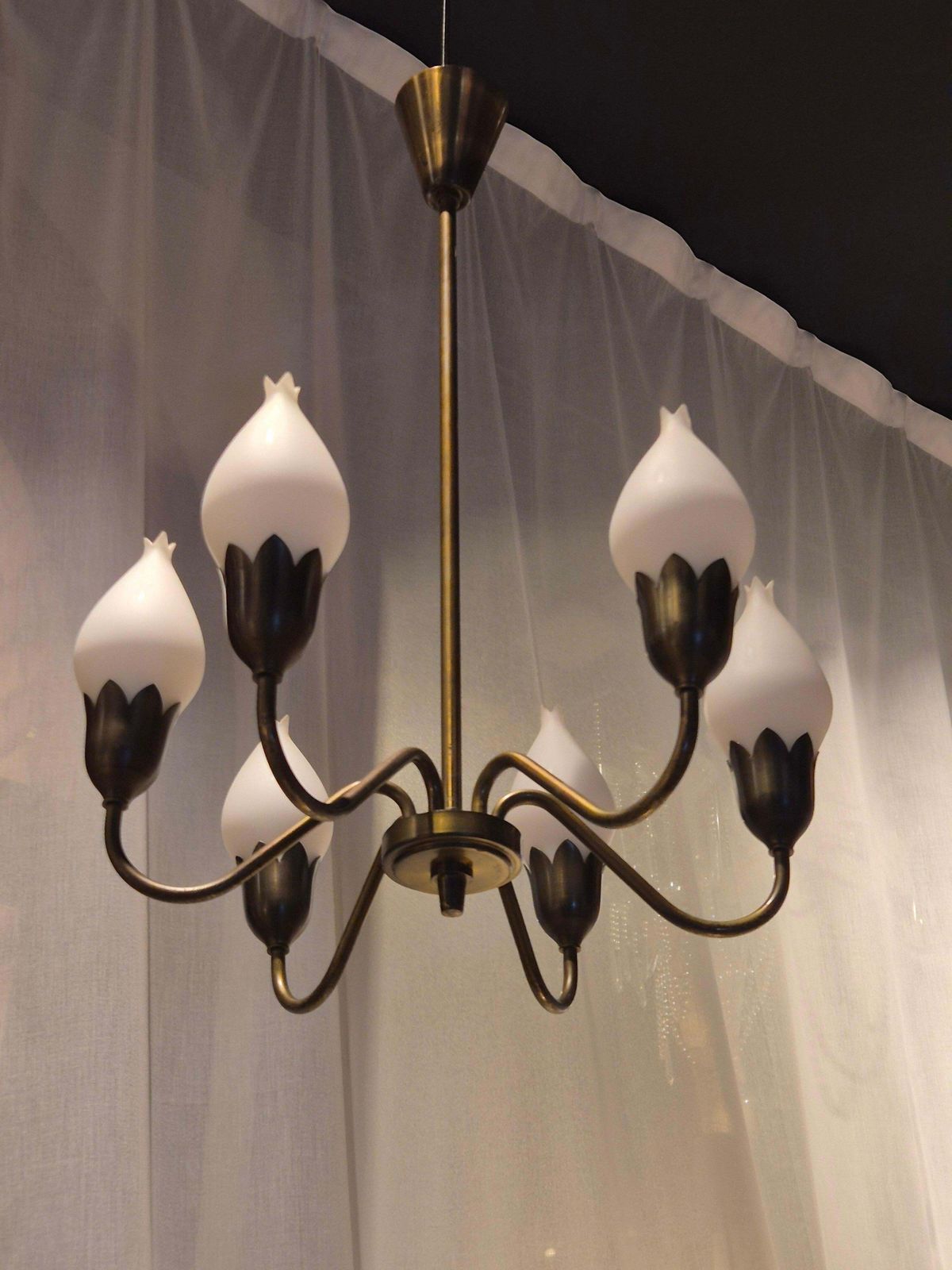 Midcentury Classic, Chandelier "Tulip" In Brass & Glass By Fog & Morup, Denmark photo buy