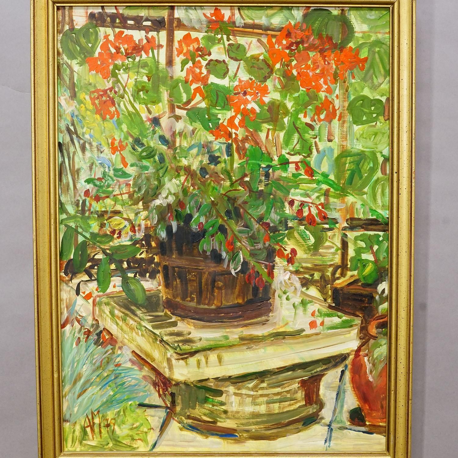 Alexander Michael Oil Painting – Still Life Geraniums, 1977 photo Art