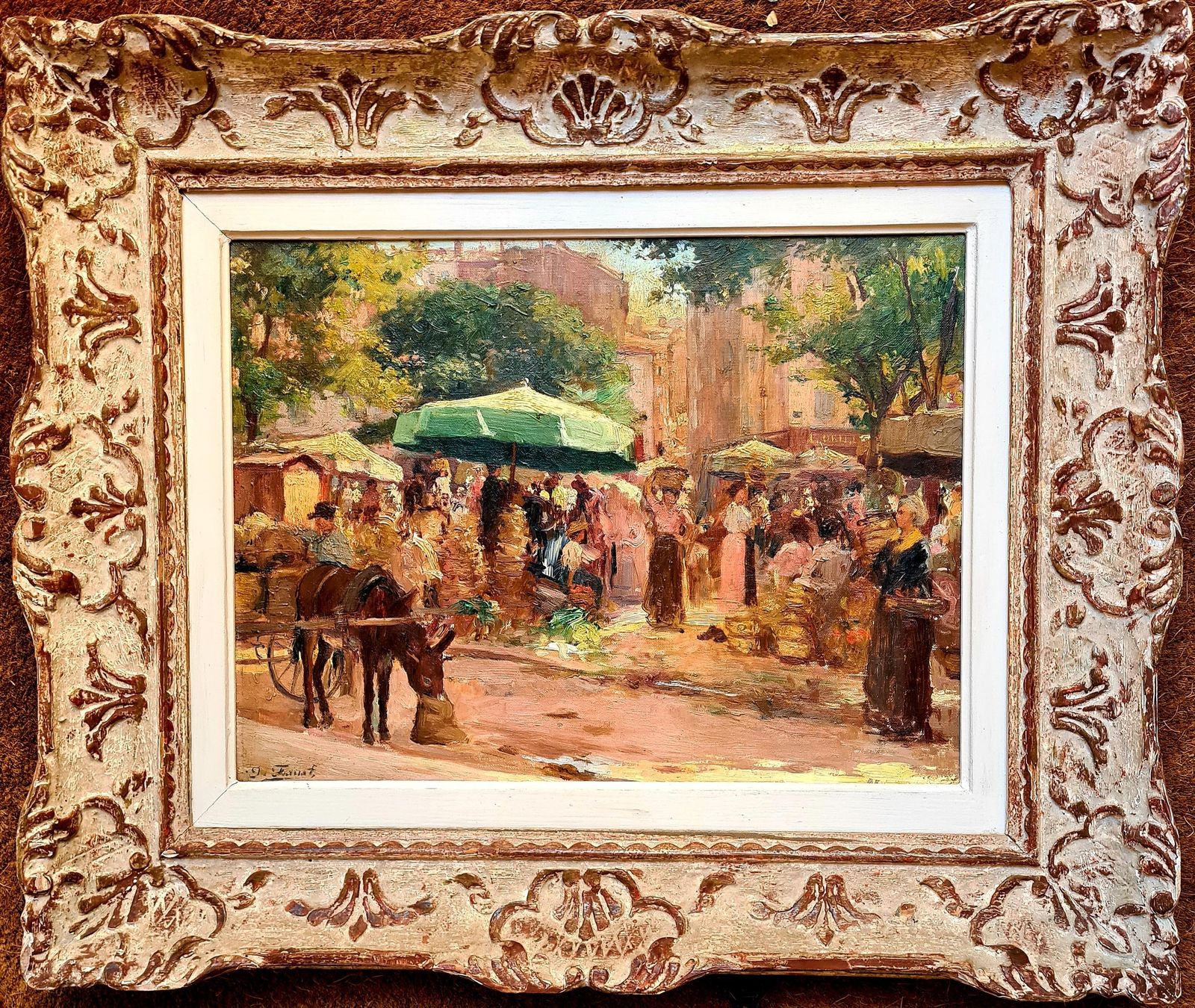 French Impressionist Oil On Canvas, 19th Century, Of A French Market By Joseph Faust