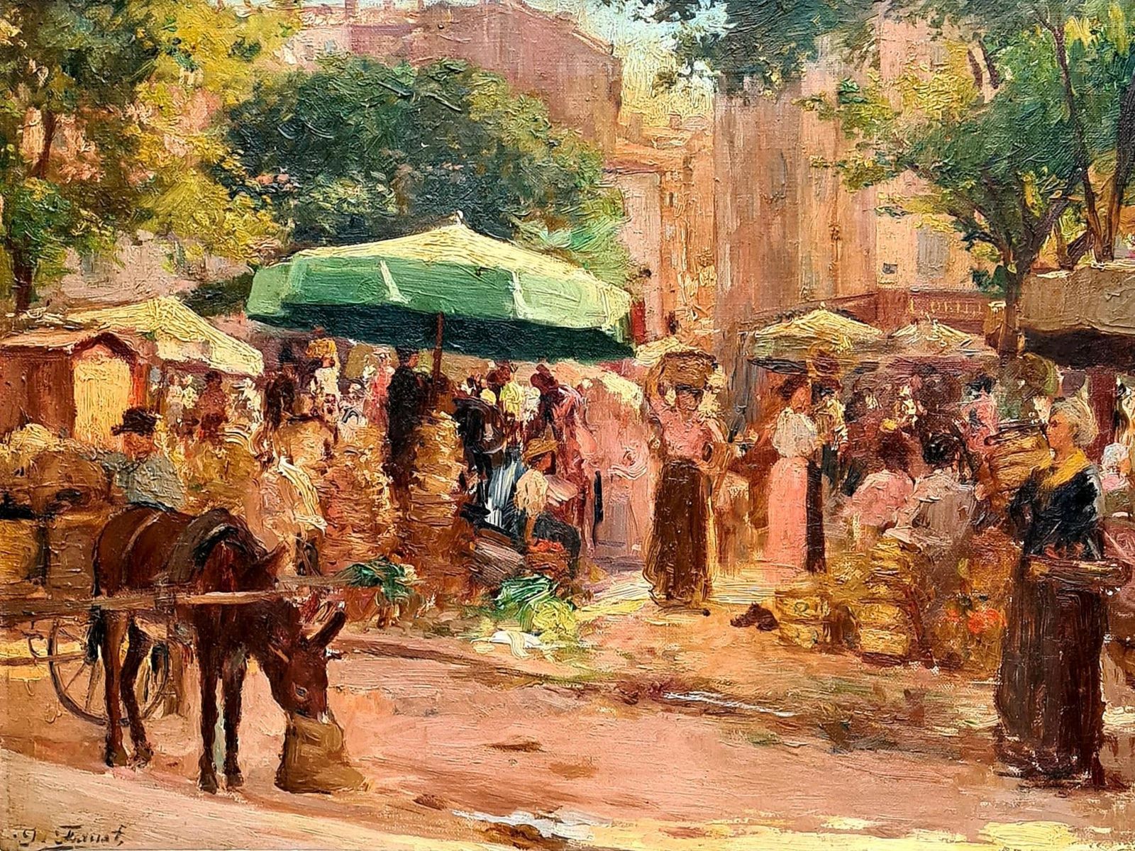 French Impressionist Oil On Canvas, 19th Century, Of A French Market By Joseph Faust photo furniture
