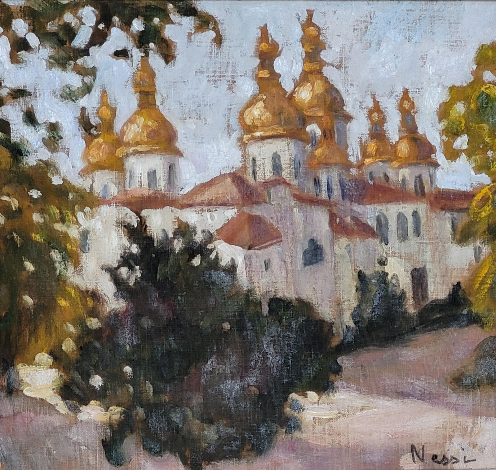 Antique Eastern European Domed Church Oil Painting On Canvas, Framed, 41.5cm From The 1960s By Marie Lucie Nessi photo furniture