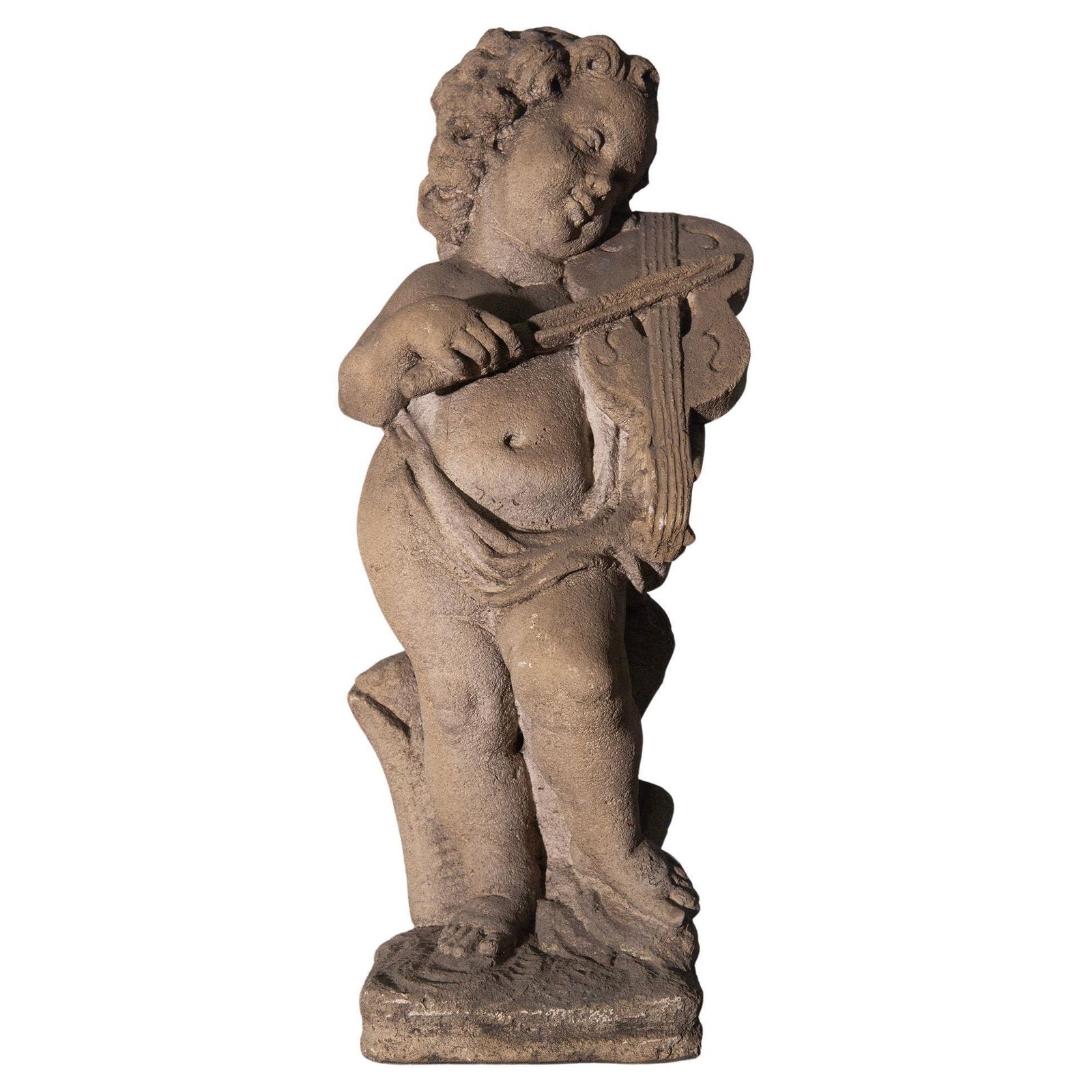 Elegant Italian Musical Cherub Statue In Stone For The Garden