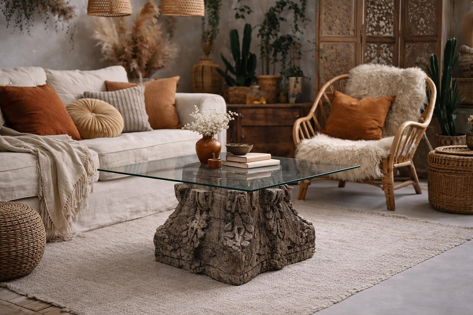Italian Coffee Table With Roman Corinthian Capital In Stone And Glass photo vinterior